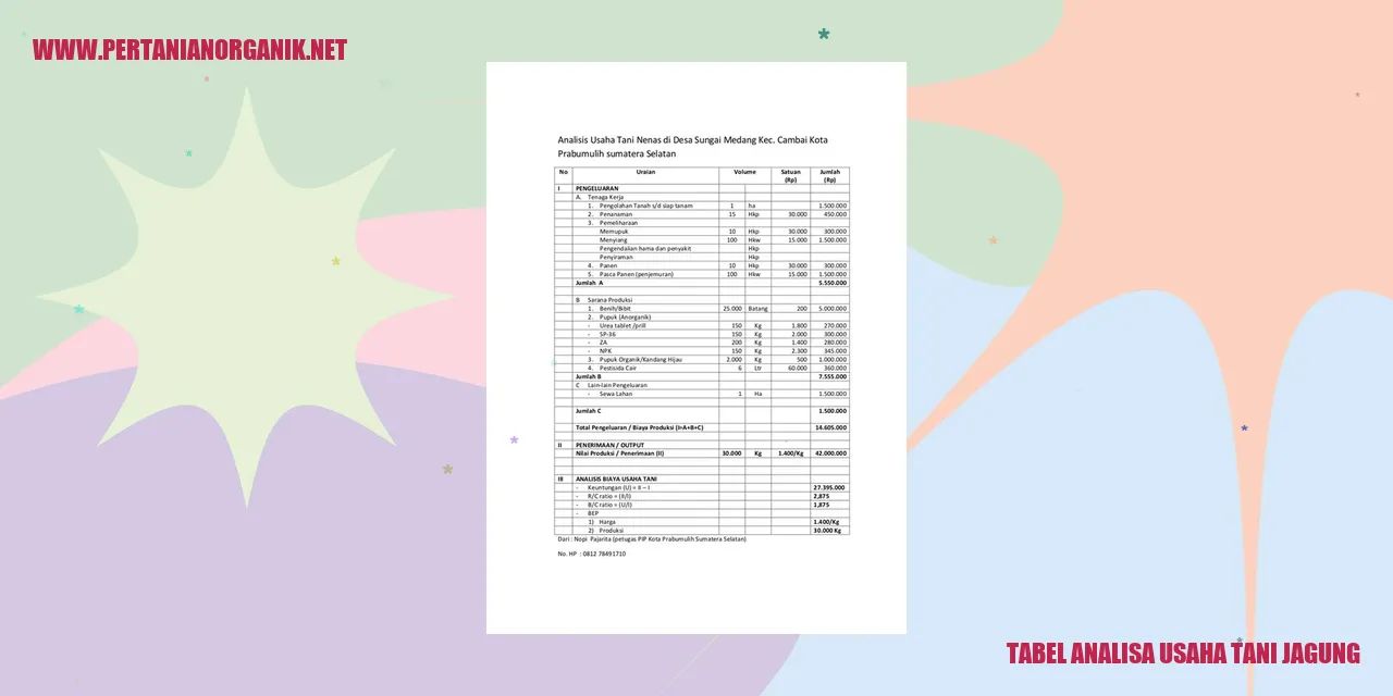 tabel analisa usaha tani jagung